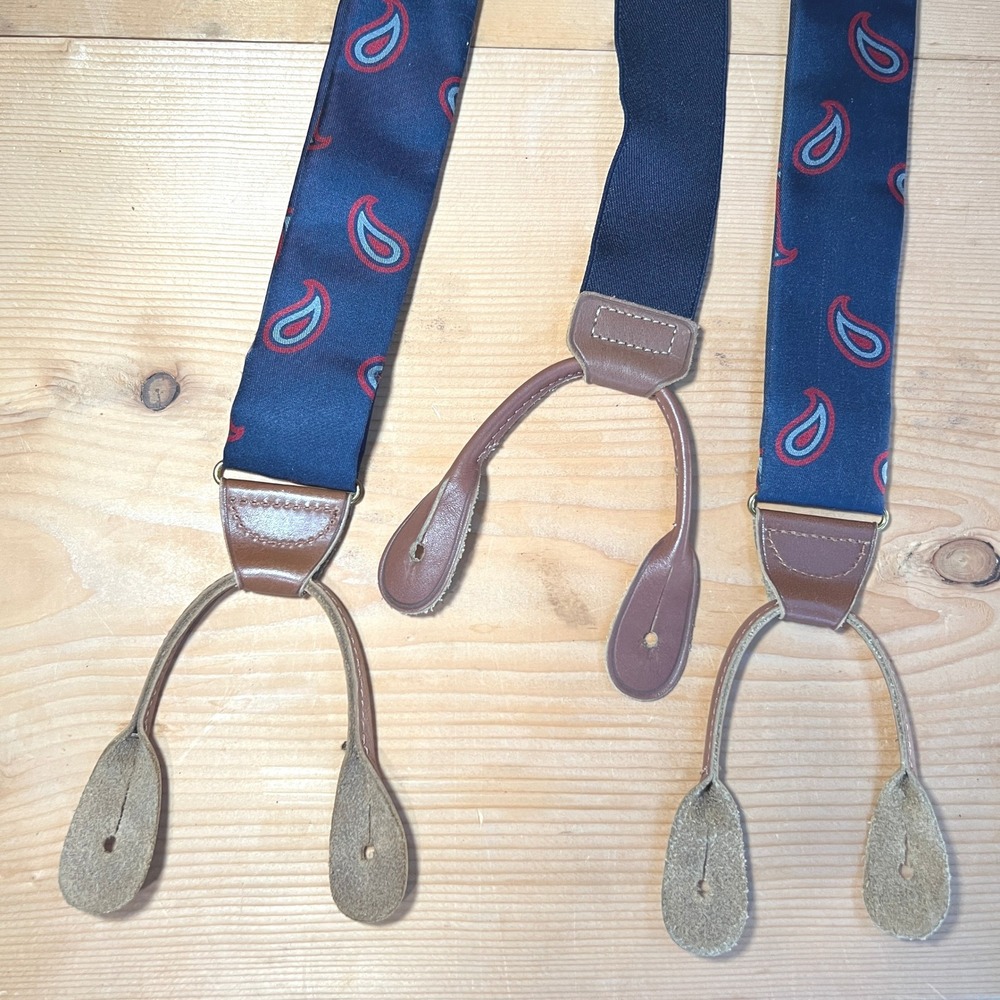 VTG‎ 1990s Perry Ellis Suspenders Navy Blue Paisley Leather Button Ends USA EUC